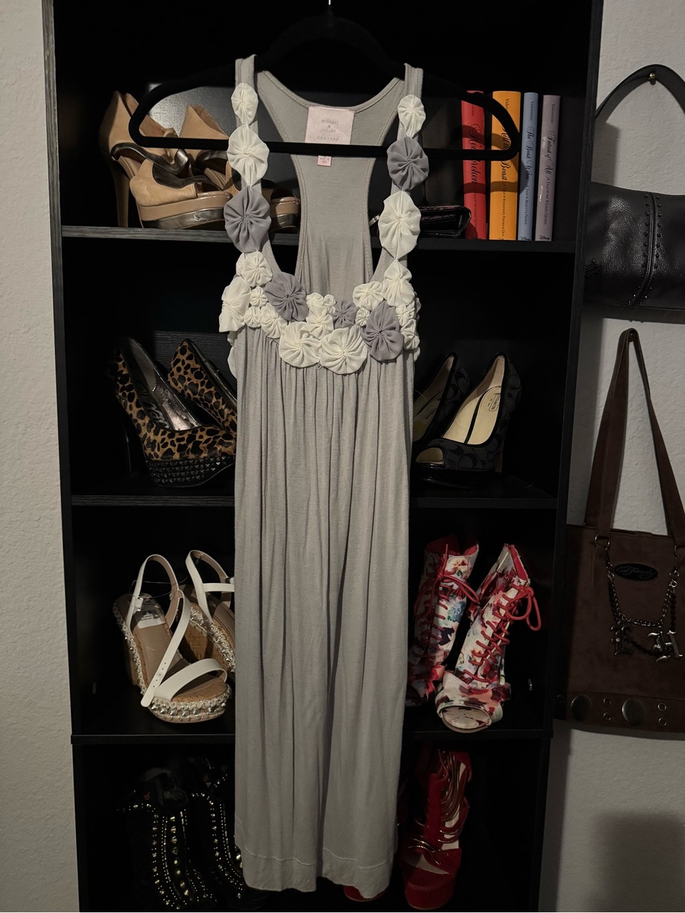 Romeo & Juliet Couture Light Gray Maxi Dress with White Floral Trim